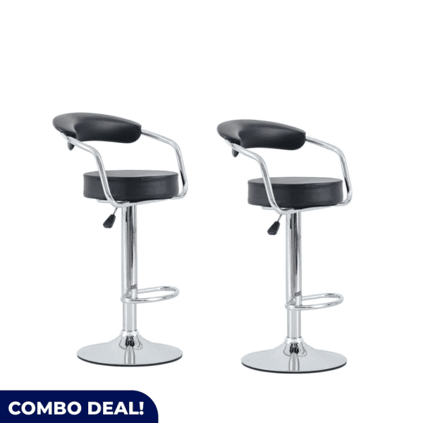 Set of 2 modern black round bar stools with adjustable height, cushioned seats, and a sturdy chrome base – perfect for kitchens, bars, and dining areas.