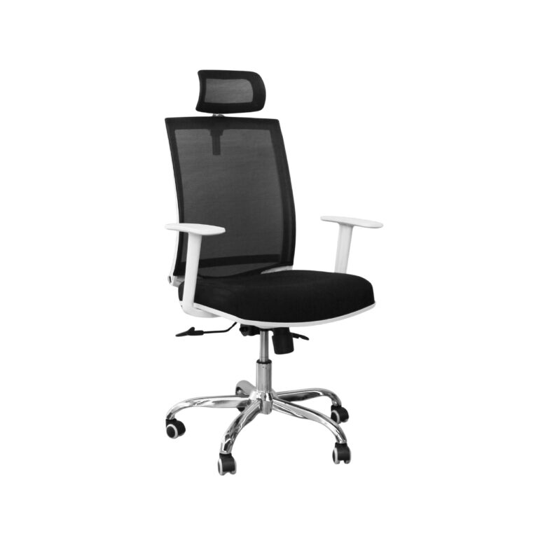 MW096 Mesh Office Chair with White T-Style Armrests and Headrest